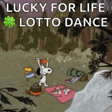 a cartoon of snoopy and woodstock dancing with the words lucky for life lotto dance above them