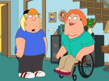 a cartoon of a woman in a wheelchair talking to a man