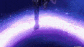 a purple and blue background with a person standing in the middle of it