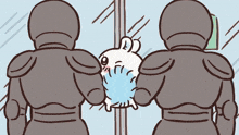 a cartoon drawing of a rabbit being held by two robots