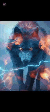 a wolf is surrounded by fire and lightning and looks at the camera