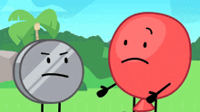 a red balloon with a sad face is standing next to a silver circle