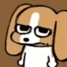 a cartoon dog with glasses and a sad face .