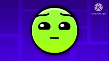 a green smiley face with a smile on it is on a blue background .