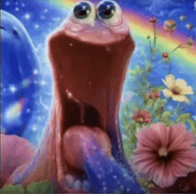 a cartoon worm with a big mouth is surrounded by pink flowers and a rainbow .