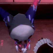 a cartoon character with a red and blue outfit is standing on its back
