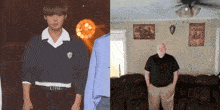 a man in a sweater and a man in a black shirt are standing next to each other .