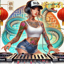 a painting of a woman wearing headphones and a hat with the word slot on it
