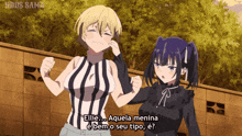 two anime girls are standing next to each other and one of them says " elie ... aquela menina e bem o seu tipo "