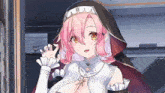 a girl with pink hair and yellow eyes is wearing a nun costume and gloves .