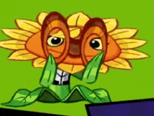 a cartoon drawing of a sunflower wearing glasses and a green leaf .