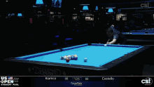 a man is playing pool on a blue diamond pool table