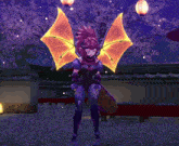 a girl with purple hair and orange wings stands in front of lanterns