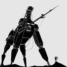 a black and white drawing of a robot with a rifle standing on a hill .