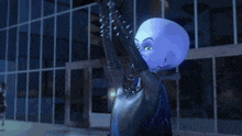 a cartoon character in a blue cape with a gun