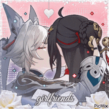 a picture of two anime characters kissing with the words girlfriends written below them