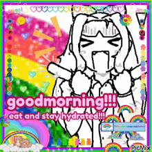 a drawing of a girl with the words good morning eat and stay hydrated on it