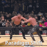 two men are fighting in a wrestling ring with the words " paradigm shift " written on the bottom
