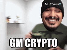 a man wearing a beanie that says multivers on it