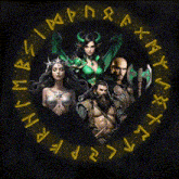 a group of warriors are surrounded by a circle with runes on it