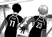 a black and white drawing of isagi and hiori giving each other a fist bump