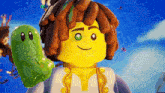 a lego figure with a green ghost behind him