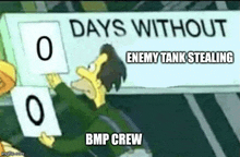 a cartoon of a man holding a sign that says `` days without enemy tank stealing bmp crew '' .