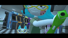 a cartoon character is holding a green object in front of a row of arcade machines including one that says tetris