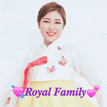 a woman in a white shirt and a yellow skirt with the words royal family below her