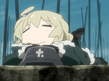 a cartoon girl with a cross on her hat