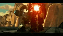 a cartoon character is standing in front of a cliff with a red light coming out of it .