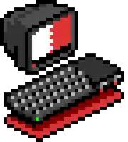 a pixel art drawing of a black and red keyboard with a green light on the bottom