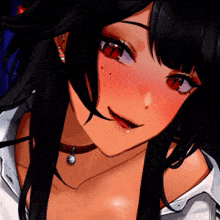 a close up of a anime girl with red eyes