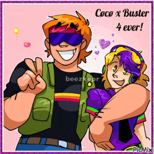 a cartoon of a man and a girl with the words coco x buster 4 ever