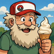 a cartoon drawing of a man with a beard holding a cone of ice cream