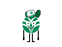 a green and white cartoon character with arms and legs wearing a hat .