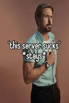 a man with a beard is standing in front of a brown background and says `` this server sucks '' .