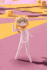 a cat with a scarf around its neck is standing on a purple surface