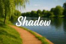 the word shadow is on a blurry picture of a river
