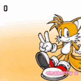 a cartoon of tails giving a peace sign with the number 0 in the background