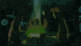 a video game character is standing in a room with a green light coming out of the ceiling .