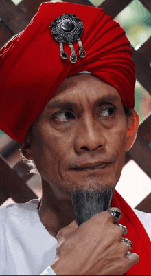 a man wearing a red turban holds a horn in his hand