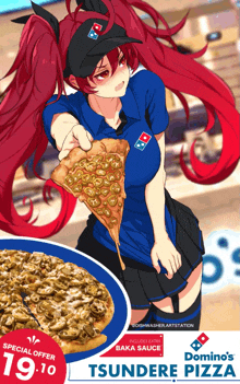 a domino 's pizza ad with a girl holding a slice