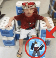 a boy wearing a crown is sitting in a chair surrounded by toilet paper