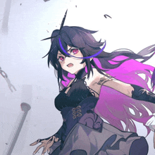 a girl with purple hair and red eyes is wearing a purple dress