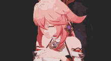 a girl with long pink hair and purple eyes is holding a sword in her hand .