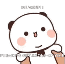 a panda bear is holding someone 's hand and saying `` me when i freaking get ahold of you ''