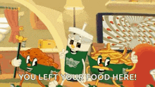 a cartoon chicken , french fries , and a drink are standing next to each other in a living room .