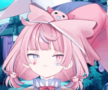 a girl with pink hair is wearing a hat with a bunny on it