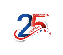 a 25th anniversary logo with red , white and blue numbers